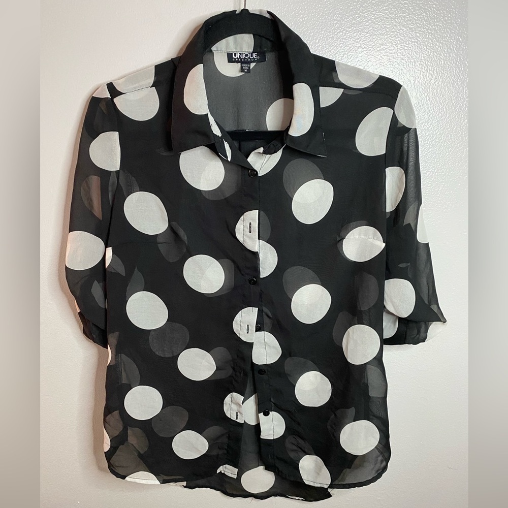 Size M Sheer Polka Dot Button Blouse